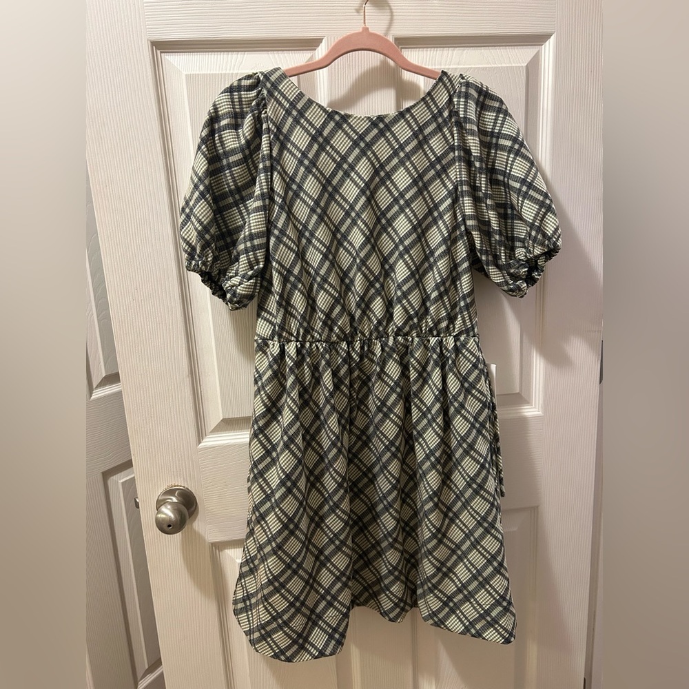 Line & Dot Medium Lisa Olive Green Plaid Open Back Puff Sleeve Mini Dress NWT